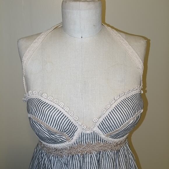 Deborah Lindquist Vintage Y2K Blue & Cream Striped Hemp & Cotton Halter Dress  S - Picture 3 of 12